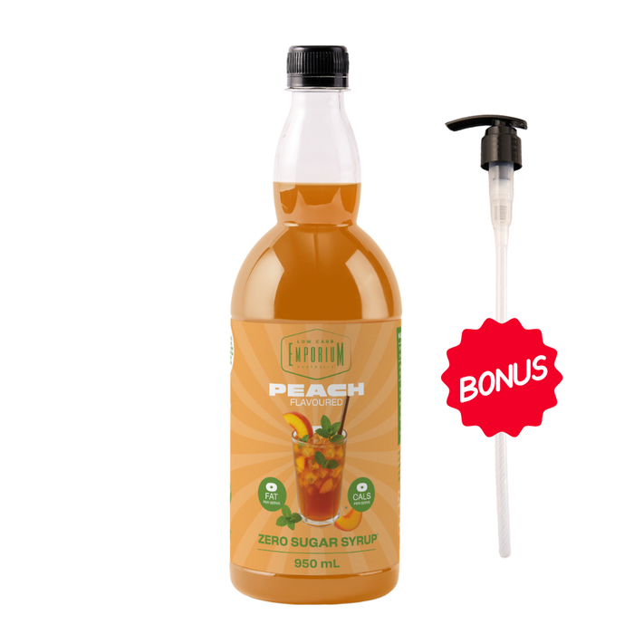 Low Carb Emporium Peach Flavoured Zero Sugar Syrup - 950mL Plus Free Pump valued at $10.95