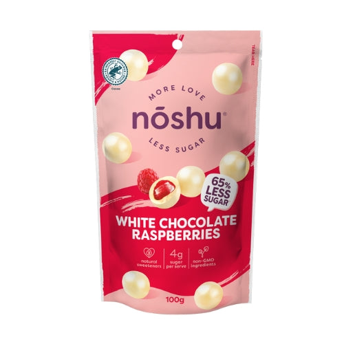 Noshu White Chocolate Raspberry Flavoured Bites - 100g