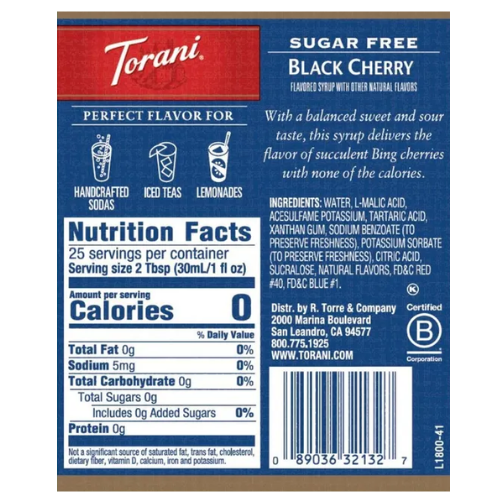 Torani Sugar Free Syrup - Black Cherry - 750mL (glass bottle)