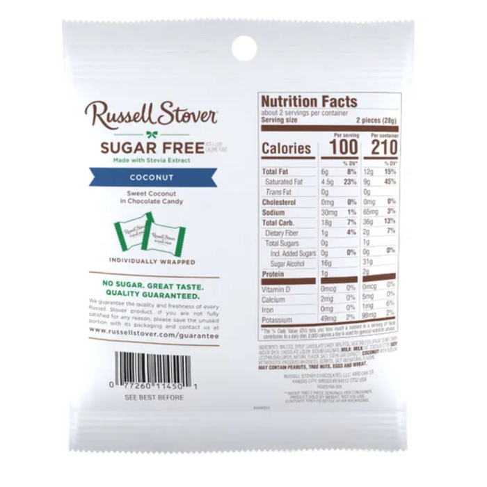 Russell Stover Sugar Free Chocolate Candy - Coconut - 85g - Best Before 01/04/2026