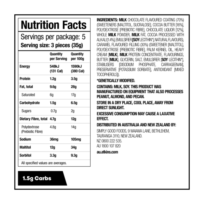 Atkins Endulge Milk Chocolate Caramel Squares - 15 pieces (173g net)