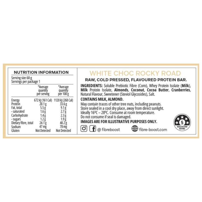 FIBRE BOOST Cold Pressed Protein Bar - White Chocolate Rocky Road Flavour 60g