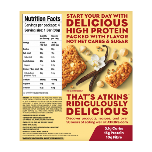 Atkins Soft Baked Vanilla Macadamia Nut Protein Bars 4 x 50g