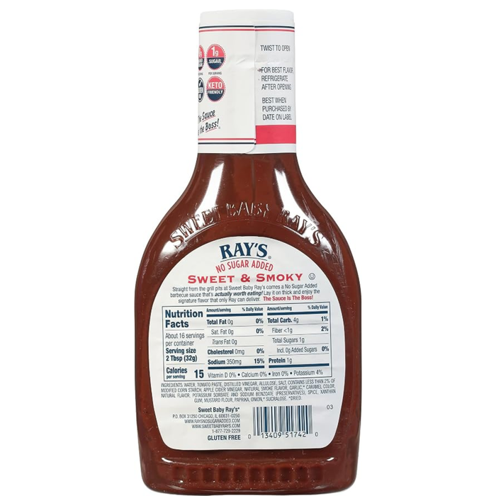 Sweet Baby Ray's No Added Sugar Sweet & Smoky Barbecue Sauce - 524g