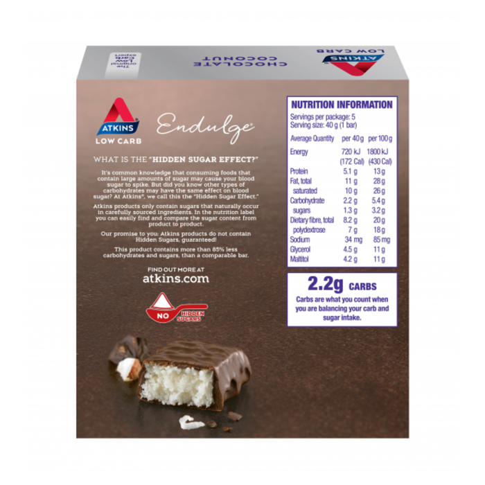 Atkins Chocolate Coconut Bars (5 pack) - 5 x 40gm