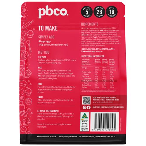 PBCo Low Carb Raspberry & White Choc Blondie Mix - 300g