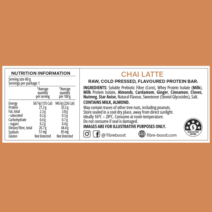 FIBRE BOOST Cold Pressed Protein Bar - Chai Latte Flavour 60g
