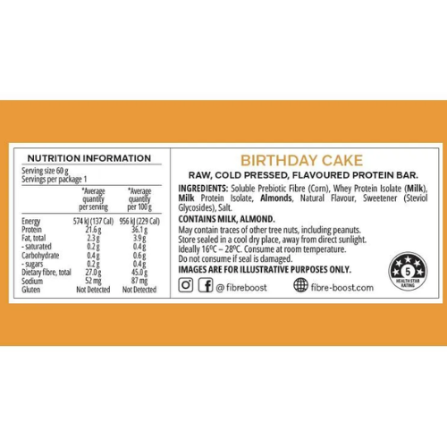 FIBRE BOOST Cold Pressed Protein Bar - Birthday Cake 60g
