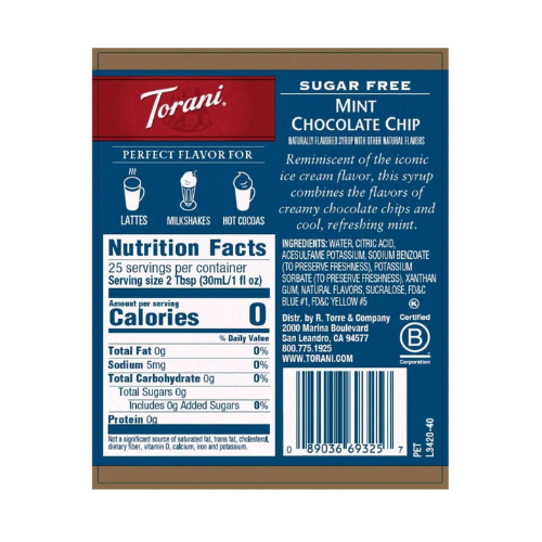 Torani Sugar Free Syrup - Mint Choc Chip Flavour - 750mL