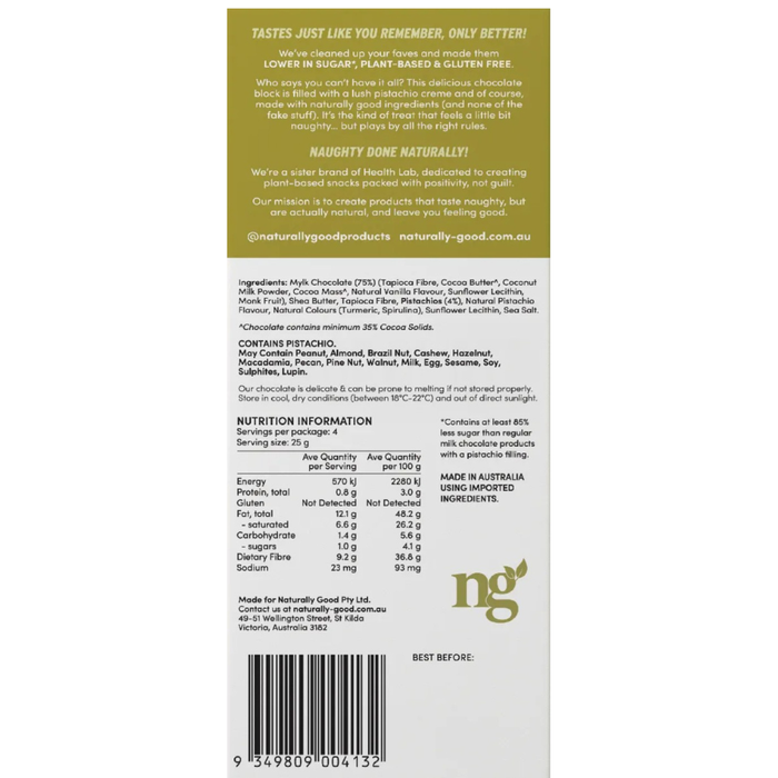 Naturally Good Filled Chocolate Block Pistachio Creme - 100g