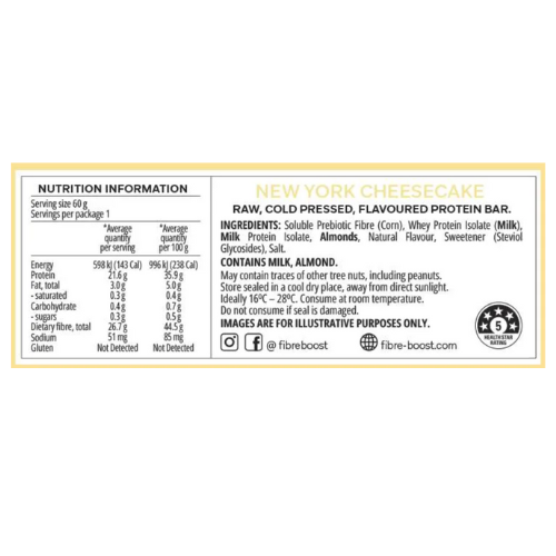 FIBRE BOOST Cold Pressed Protein Bar - New York Cheesecake 60g