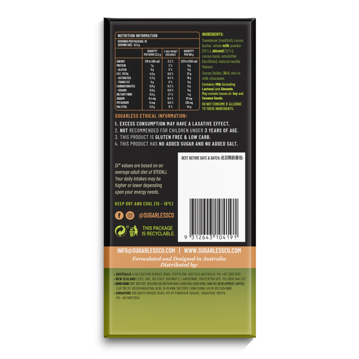 SUGARLESS CONFECTIONERY CO Milk Chocolate with Almonds 125gm