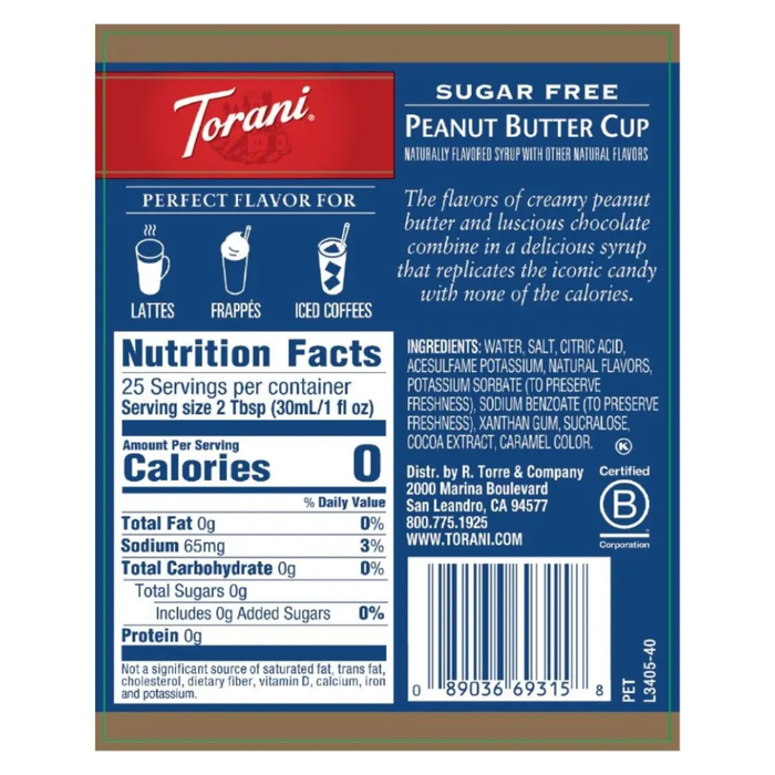 Torani Sugar Free Syrup - Peanut Butter Cup - 750mL