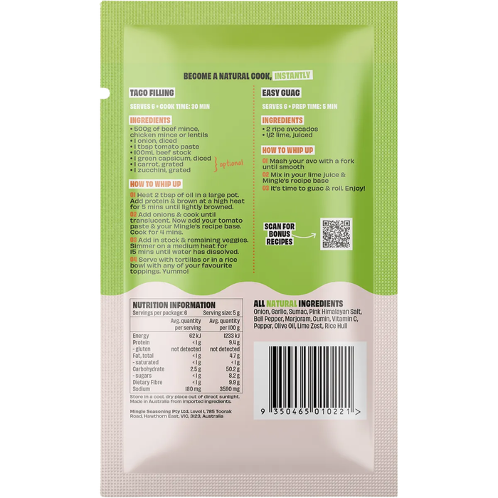 Mingle Zesty & Mild Taco or Guac All Natural Recipe Base 30g