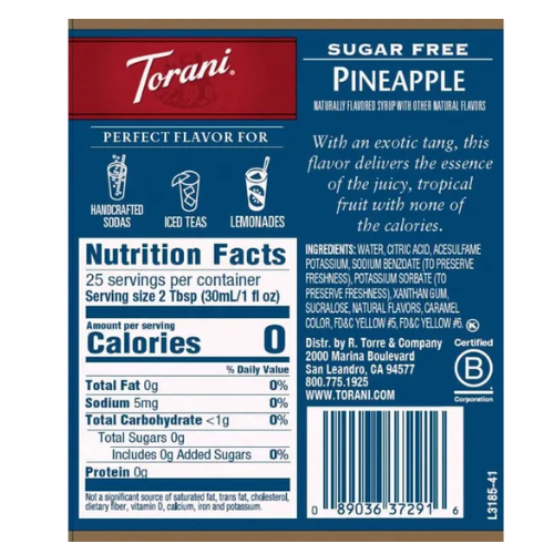 Torani Sugar Free Syrup - Pineapple - 750mL (glass bottle)