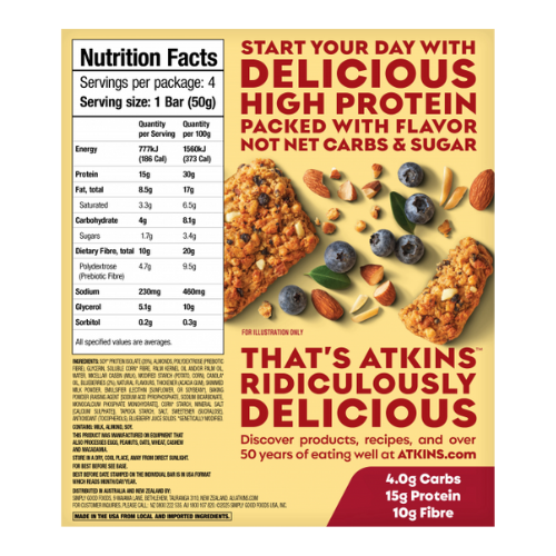 Atkins Soft Baked Blueberry Protein Bars 4 x 50g