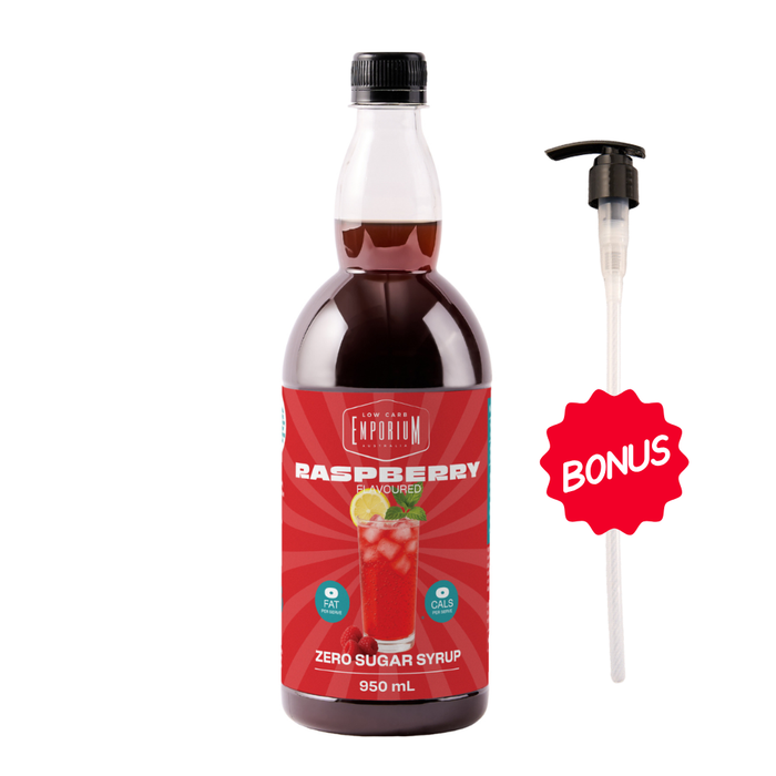 Low Carb Emporium Raspberry Flavoured Zero Sugar Syrup - 950mL Plus Free Pump valued at $10.95
