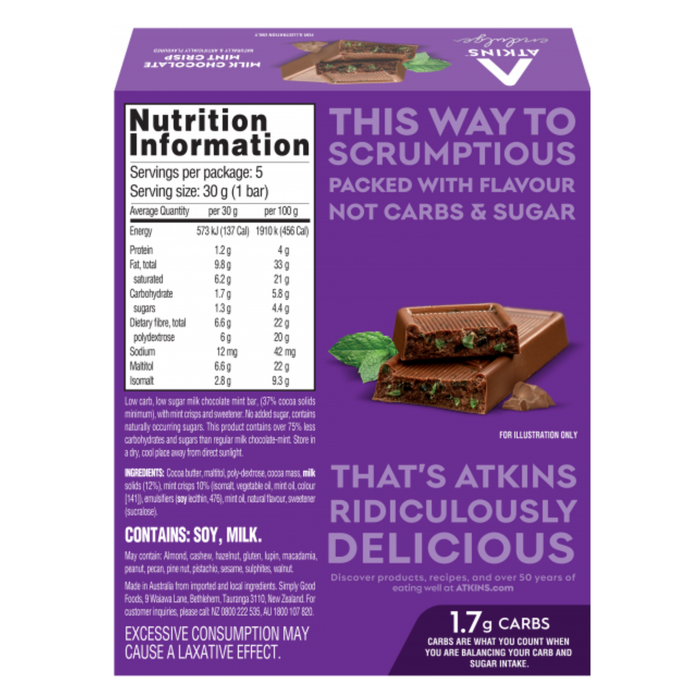 Atkins Endulge Milk Chocolate Mint Crisp - Box of 5 Bars of 30 grams