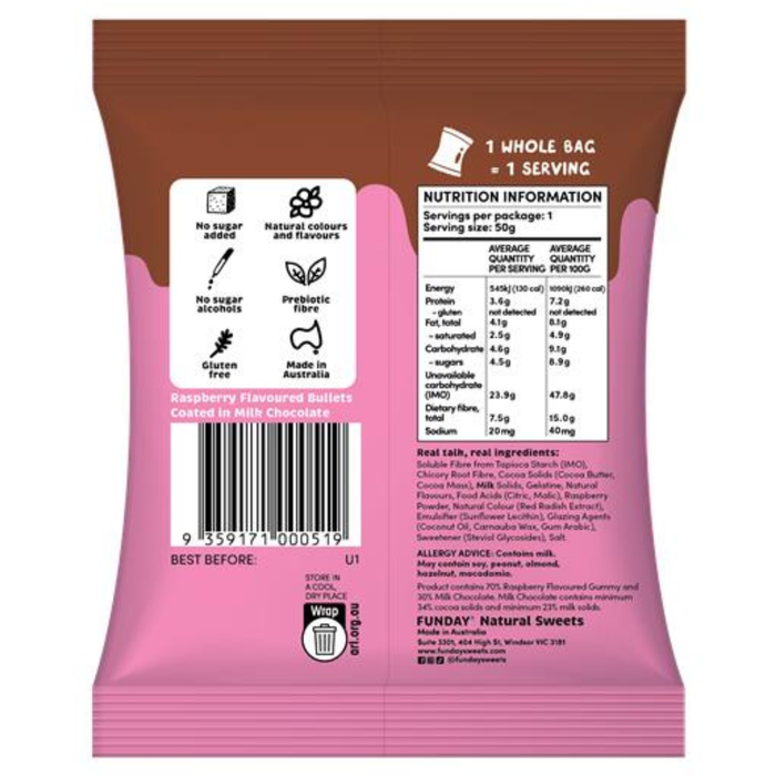 Bulk Funday Milk Chocolate Raspberry Bullets - 50g x 12