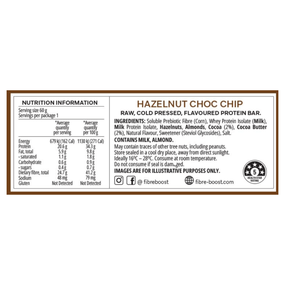 FIBRE BOOST Cold Pressed Protein Bar - Hazelnut Choc Chip 60g
