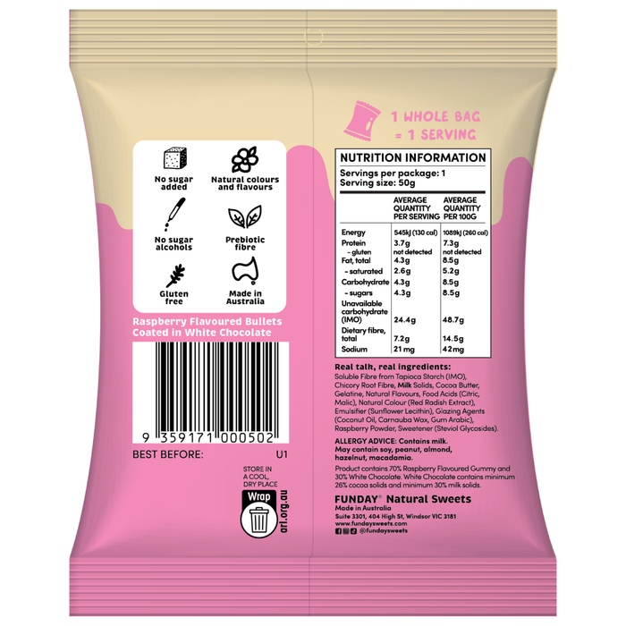 Bulk Funday White Chocolate Raspberry Bullets - 50g x 12