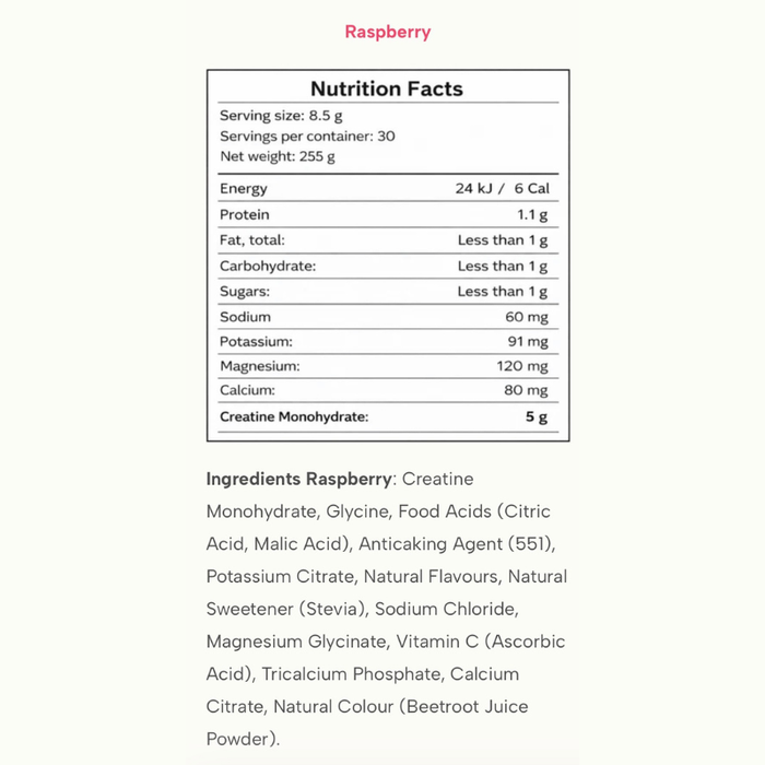 ReVitalise Creatine + Raspberry Flavoured Electrolyte + Creatine Drink Mix - 30 serves