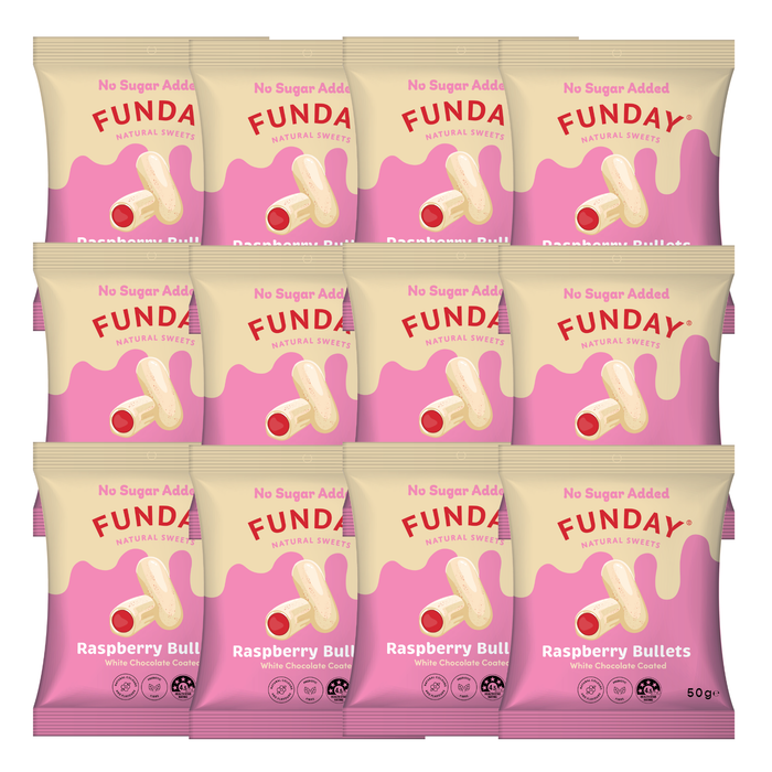 Bulk Funday White Chocolate Raspberry Bullets - 50g x 12