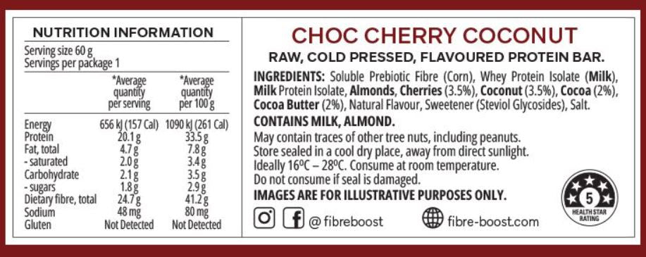BULK Fibre Boost Cold Pressed Protein Bar - Choc Cherry Coconut 60g x 12