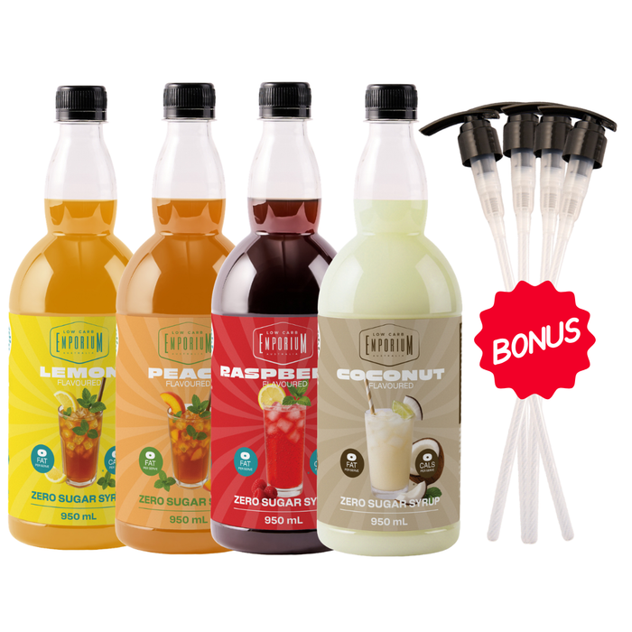 Low Carb Emporium Zero Sugar Fruity Syrup (multi flavour pack) - 4 x 950mL + 4 pumps