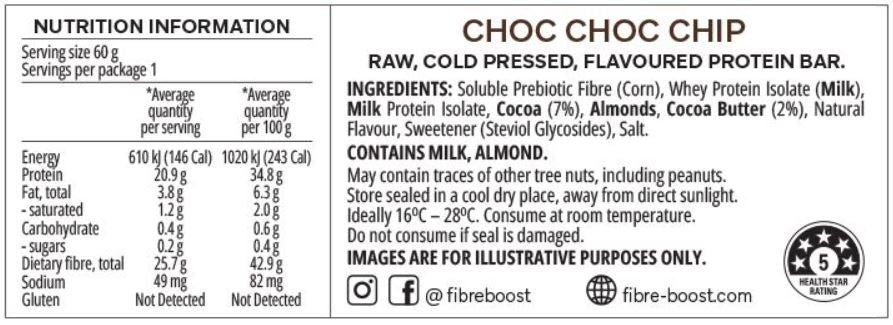 BULK Fibre Boost Cold Pressed Protein Bar - Choc Choc Chip Flavour 60g x 12