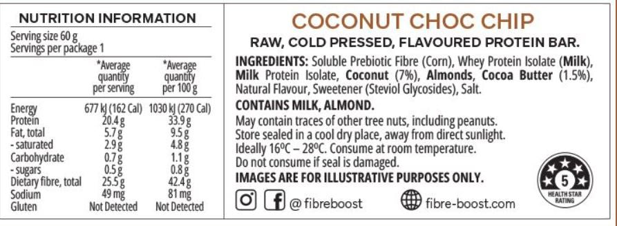 BULK Fibre Boost Cold Pressed Protein Bar - Coconut Choc Chip Flavour 60g x 12