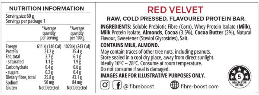 FIBRE BOOST Cold Pressed Protein Bar - Red Velvet Flavour 60g
